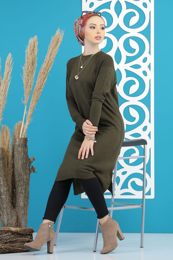 Düz Orta Kadın Haki Triko Tunik Siyah  - 7827 HAKİ