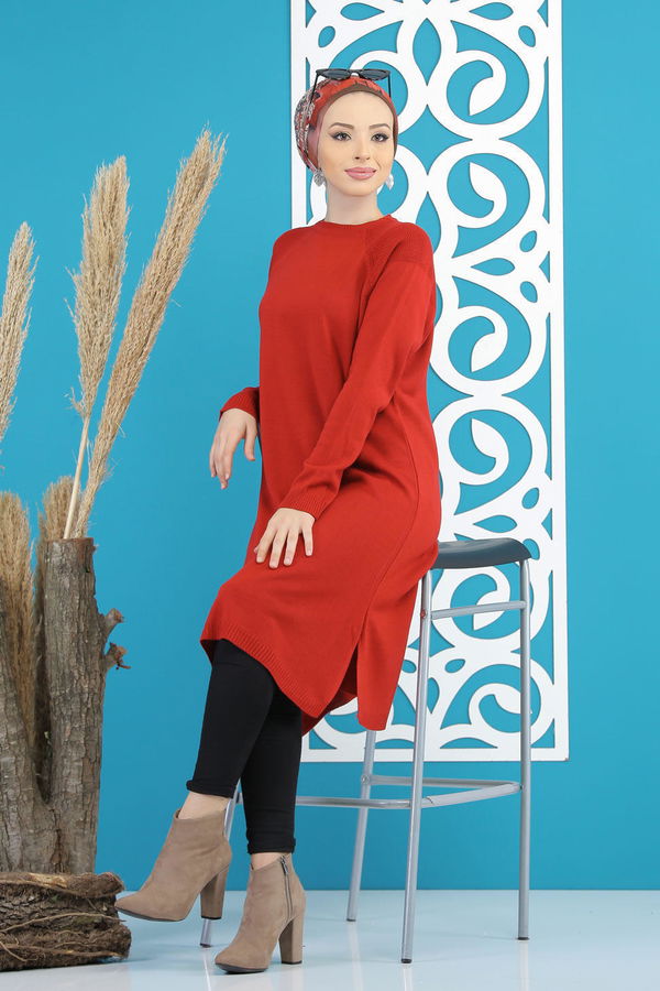 Düz Orta Kadın Kiremit Triko Tunik Siyah  - 7827
