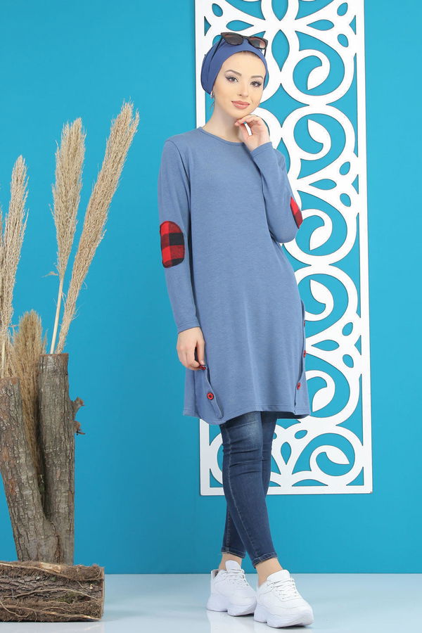 Düz Orta Kadın Mavi Tunik Siyah  - 5174 MAVİ