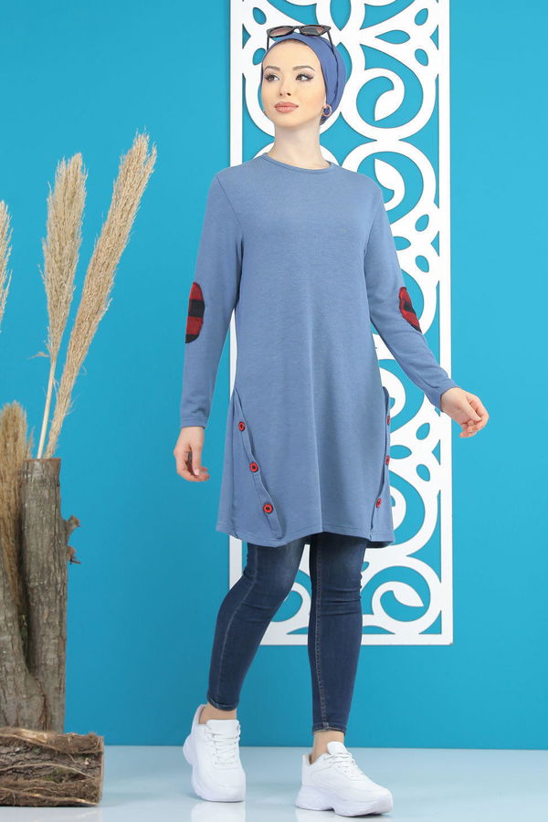 Düz Orta Kadın Mavi Tunik Siyah  - 5174 MAVİ