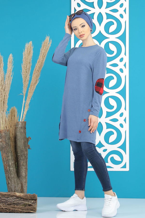 Düz Orta Kadın Mavi Tunik Siyah  - 5174 MAVİ