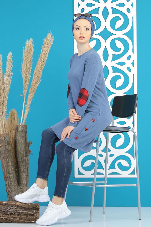 Düz Orta Kadın Mavi Tunik Siyah  - 5174 MAVİ