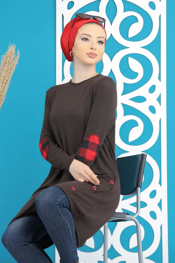 Düz Orta Kadın Kahverengi Tunik Siyah  - 5174 KAHVERENGİ