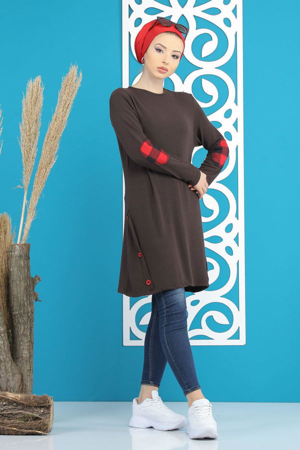 Düz Orta Kadın Kahverengi Tunik Siyah  - 5174 KAHVERENGİ