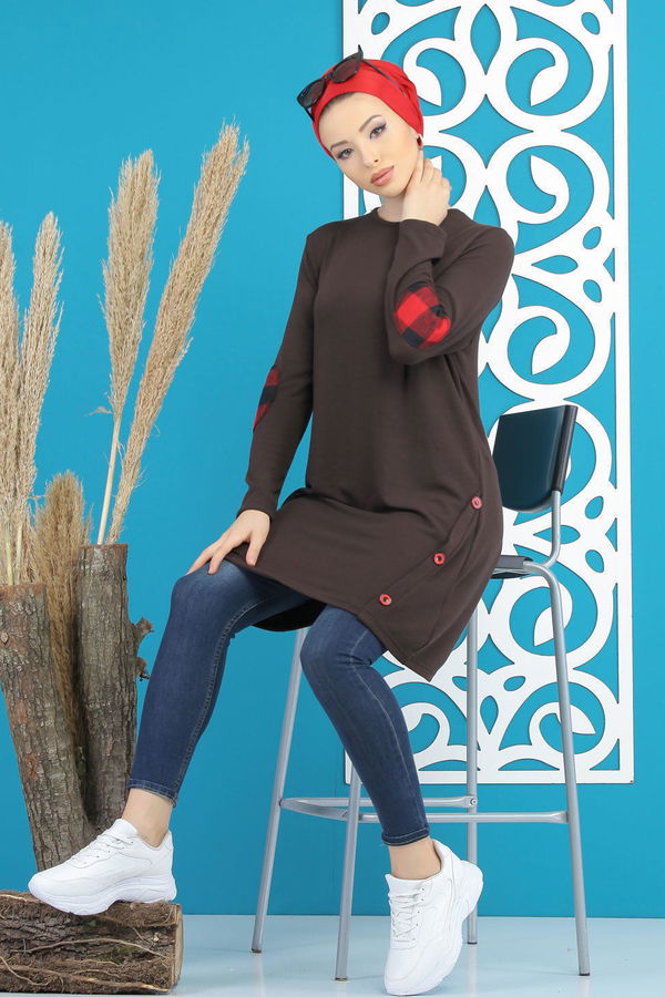 Düz Orta Kadın Kahverengi Tunik Siyah  - 5174 KAHVERENGİ