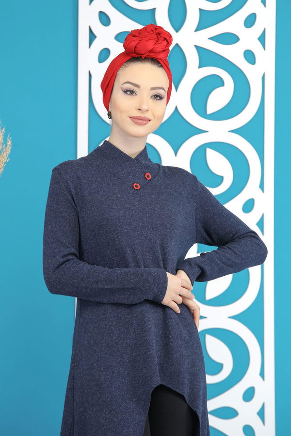 Düz Orta Kadın Lacivert Triko Tunik Siyah  - 5175