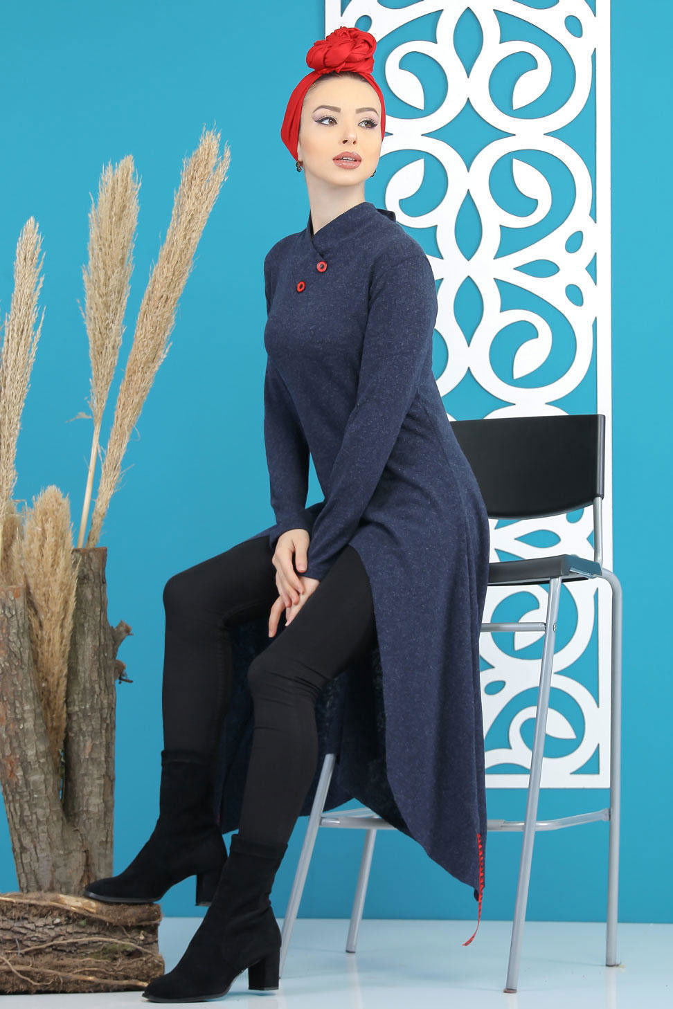 Düz Orta Kadın Lacivert Triko Tunik Siyah  - 5175