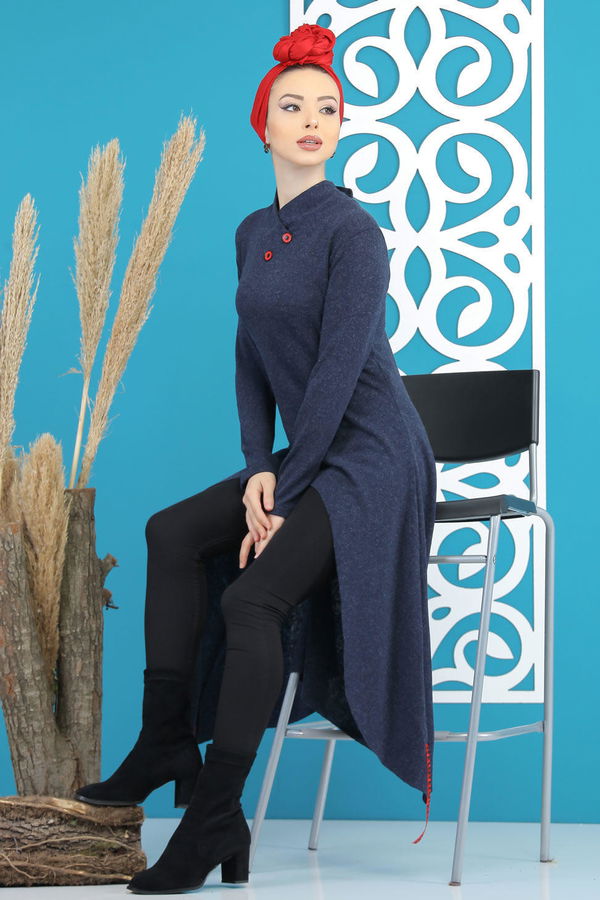 Düz Orta Kadın Lacivert Triko Tunik Siyah  - 5175