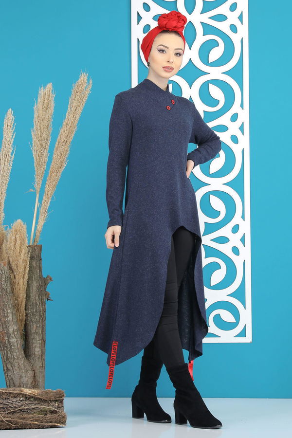 Düz Orta Kadın Lacivert Triko Tunik Siyah  - 5175