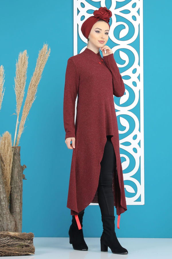 Düz Orta Kadın Bordo Triko Tunik Siyah  - 5175 BORDO