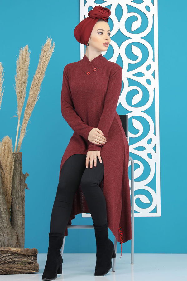 Düz Orta Kadın Bordo Triko Tunik Siyah  - 5175 BORDO