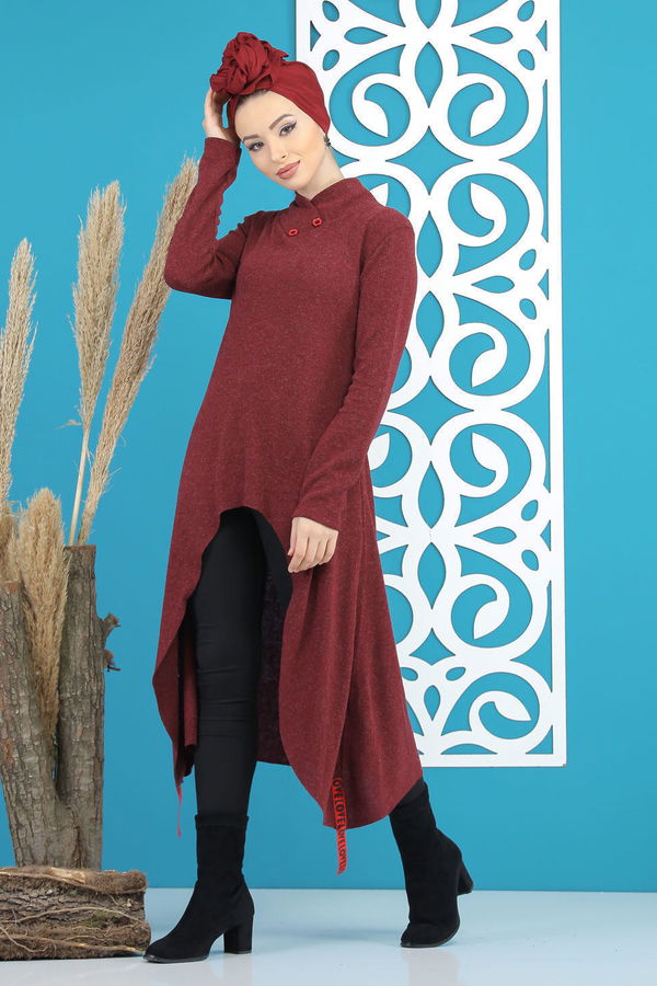 Düz Orta Kadın Bordo Triko Tunik Siyah  - 5175 BORDO