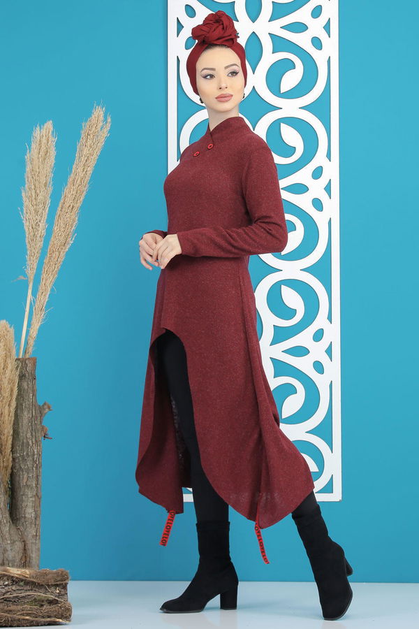 Düz Orta Kadın Bordo Triko Tunik Siyah  - 5175 BORDO