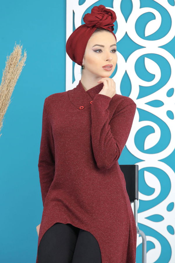 Düz Orta Kadın Bordo Triko Tunik Siyah  - 5175 BORDO