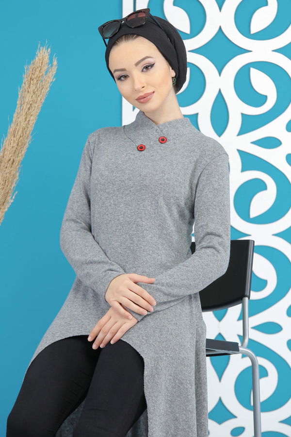Düz Orta Kadın Gri Triko Tunik Siyah  - 5175 GRİ