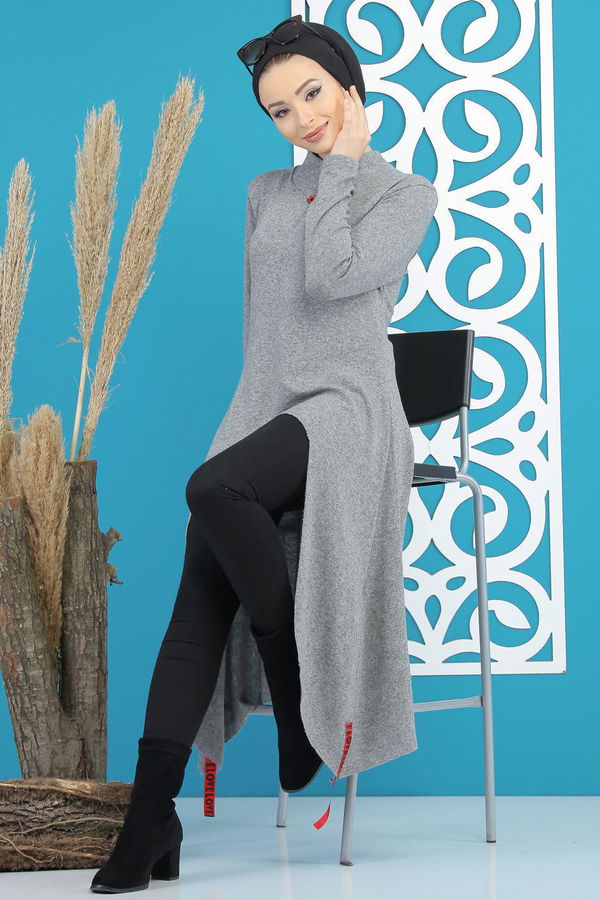 Düz Orta Kadın Gri Triko Tunik Siyah  - 5175 GRİ