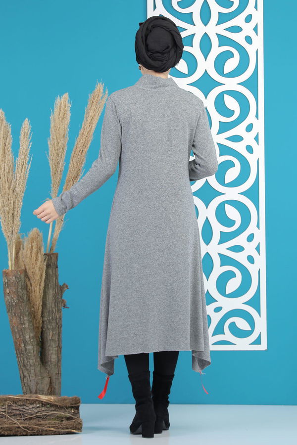 Düz Orta Kadın Gri Triko Tunik Siyah  - 5175 GRİ