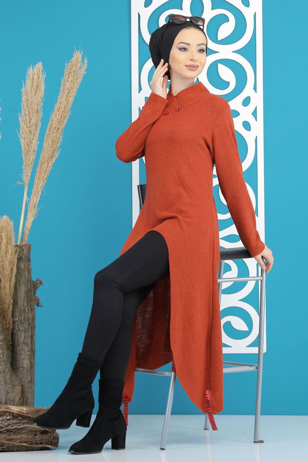 Düz Orta Kadın Kiremit Triko Tunik Siyah  - 5175 KİREMİT