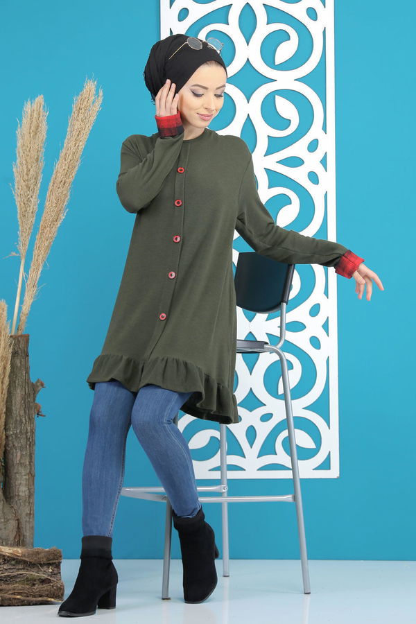 Düz Orta Kadın Haki Tunik Siyah  - 5173 HAKİ