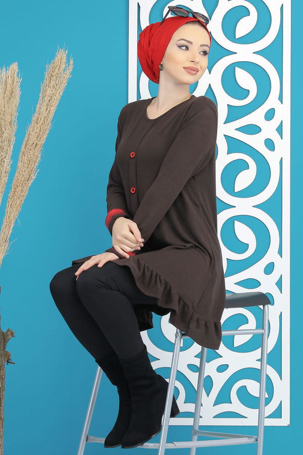 Düz Orta Kadın Kahverengi Tunik Siyah  - 5173 KAHVERENGİ