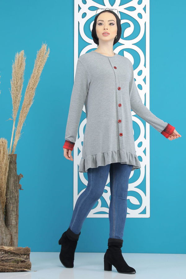 Düz Orta Kadın Gri Tunik Siyah  - 5173 GRİ
