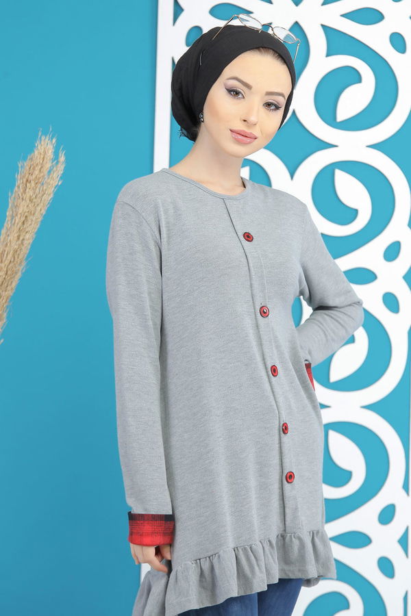 Düz Orta Kadın Gri Tunik Siyah  - 5173 GRİ