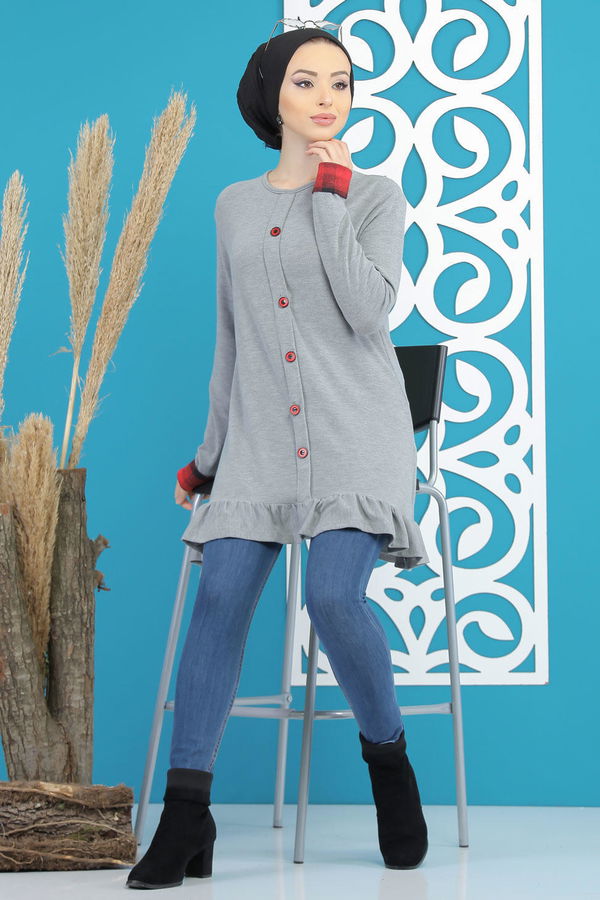 Düz Orta Kadın Gri Tunik Siyah  - 5173 GRİ