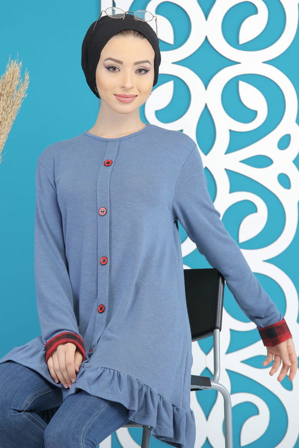 Düz Orta Kadın Mavi Tunik Siyah  - 5173 MAVİ