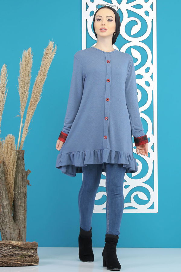 Düz Orta Kadın Mavi Tunik Siyah  - 5173 MAVİ