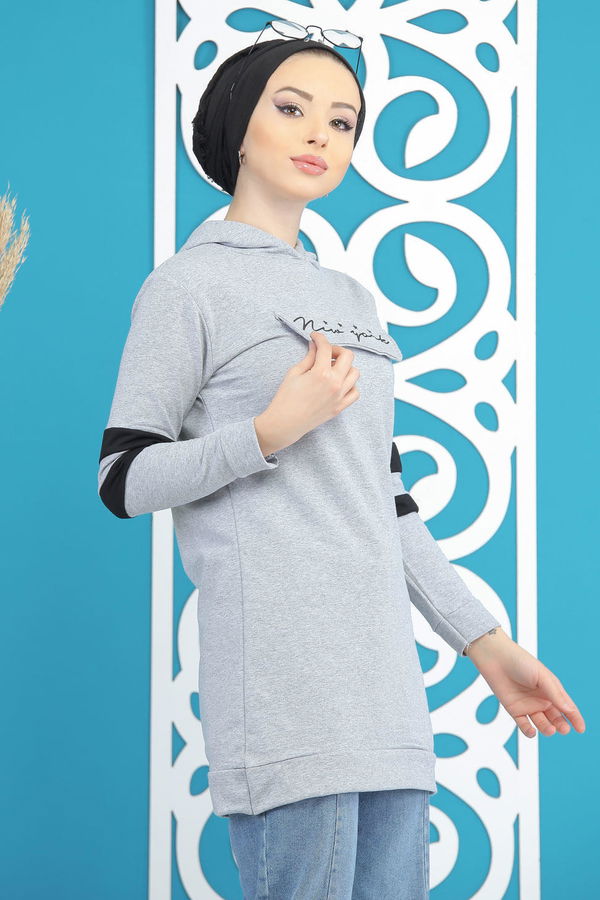 Düz Orta Kadın Gri Kapşonlu Tunik Haki  - 7850 GRİ