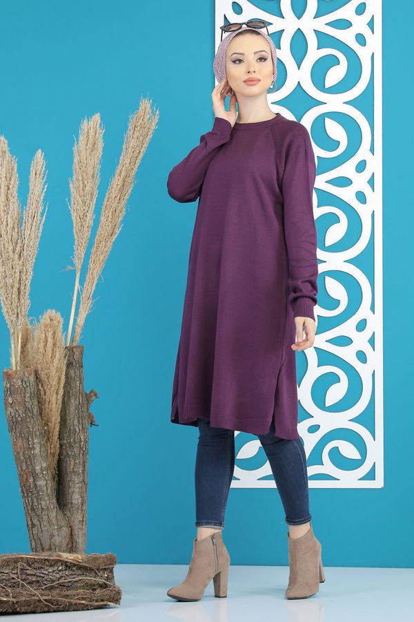 Düz Orta Kadın Mor Triko Tunik Siyah  - 7827 MOR