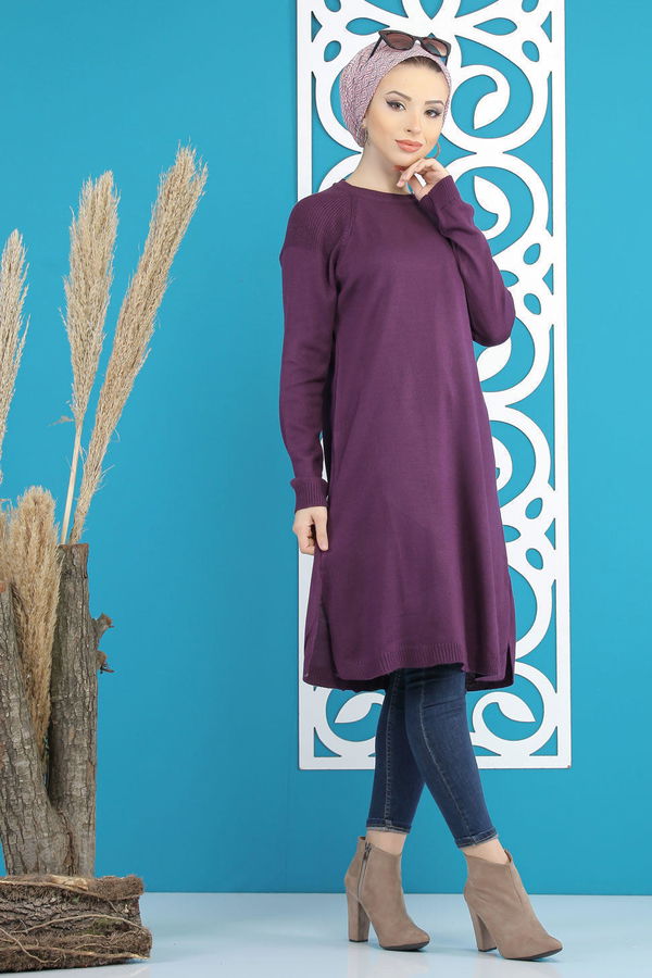 Düz Orta Kadın Mor Triko Tunik Siyah  - 7827 MOR