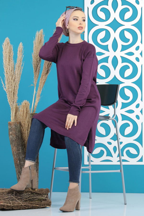 Düz Orta Kadın Mor Triko Tunik Siyah  - 7827 MOR