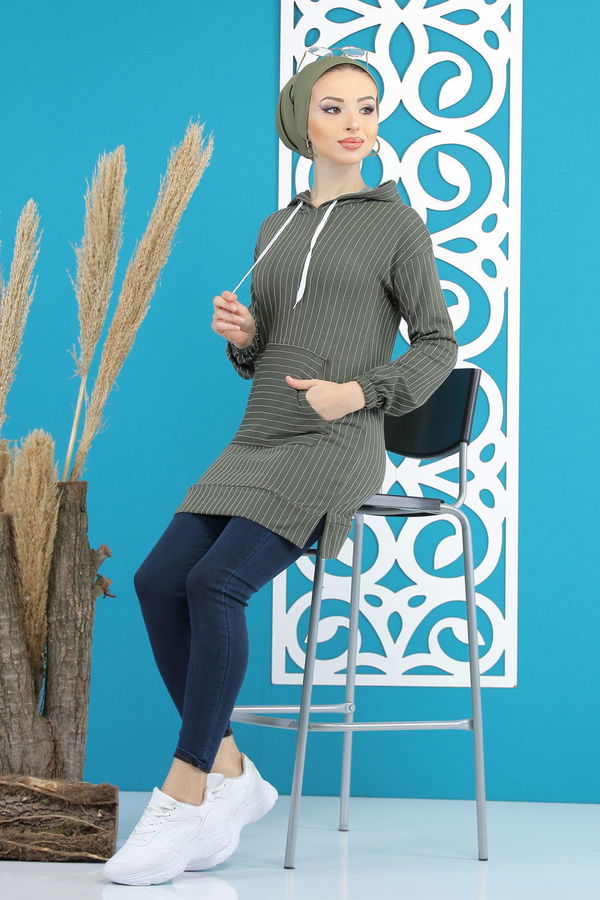 Düz Orta Kadın Haki Kapşonlu Tunik Haki - 4100 - 4100 HAKİ