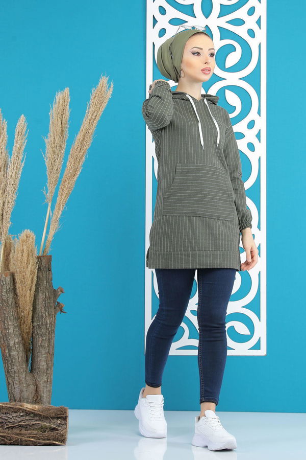 Düz Orta Kadın Haki Kapşonlu Tunik Haki - 4100 - 4100 HAKİ