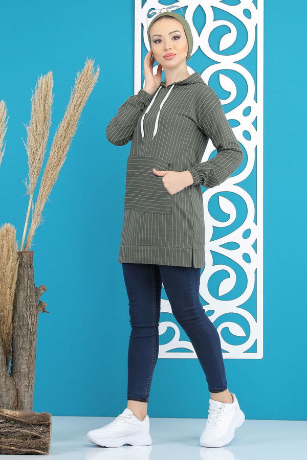 Düz Orta Kadın Haki Kapşonlu Tunik Haki - 4100 - 4100 HAKİ