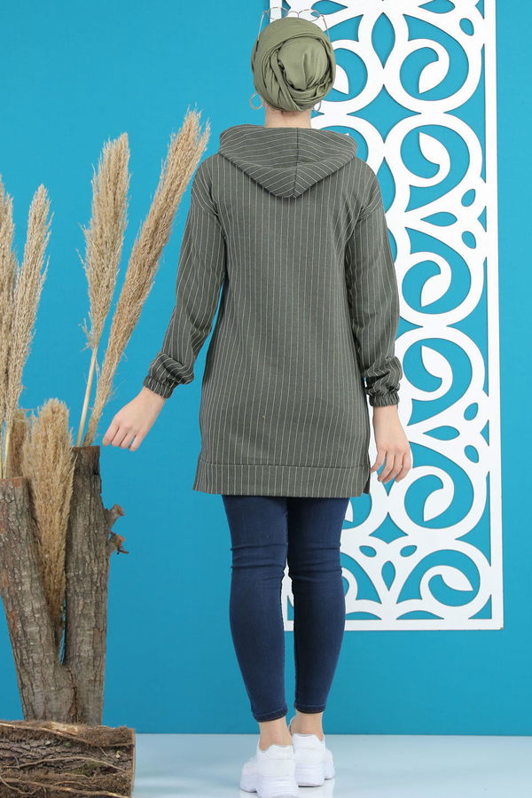 Düz Orta Kadın Haki Kapşonlu Tunik Haki - 4100 - 4100 HAKİ