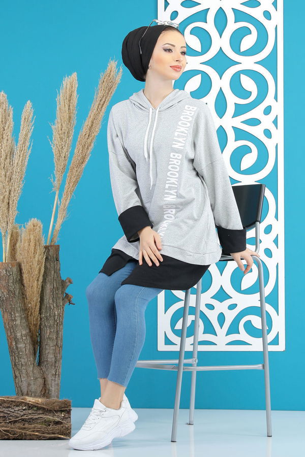 Düz Orta Kadın Gri Tunik Siyah  - 5178 GRİ