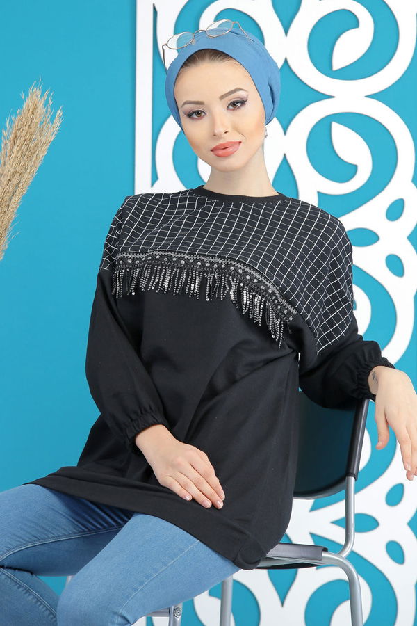 Düz Orta Kadın Siyah Püsküllü Tunik Siyah  - 4112 SİYAH