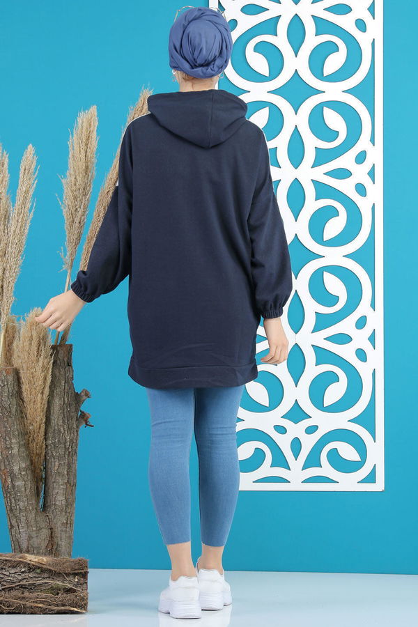 Düz Orta Kadın Lacivert Kapşonlu Tunik Siyah  - 4113 LACİVERT