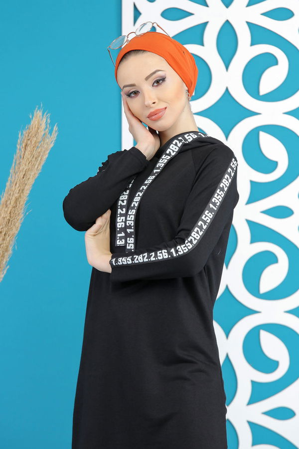 Düz Orta Kadın Siyah Şeritli Kapşonlu Tunik Siyah  - 7854