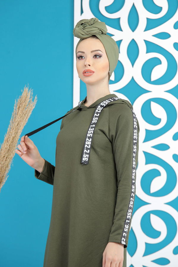 Düz Orta Kadın Haki Şeritli Kapşonlu Tunik Siyah  - 7854 HAKİ