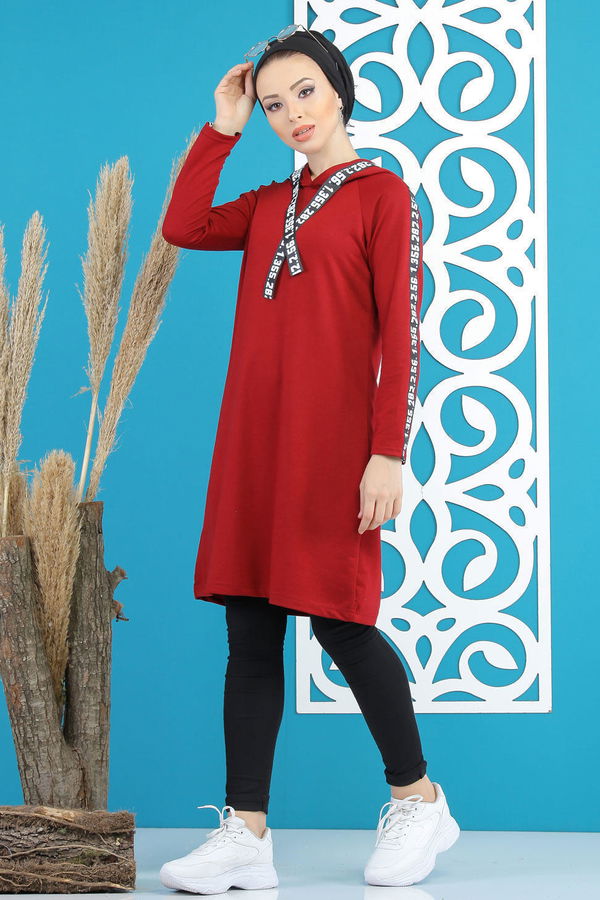 Düz Orta Kadın Bordo Şeritli Kapşonlu Tunik Siyah  - 7854 BORDO