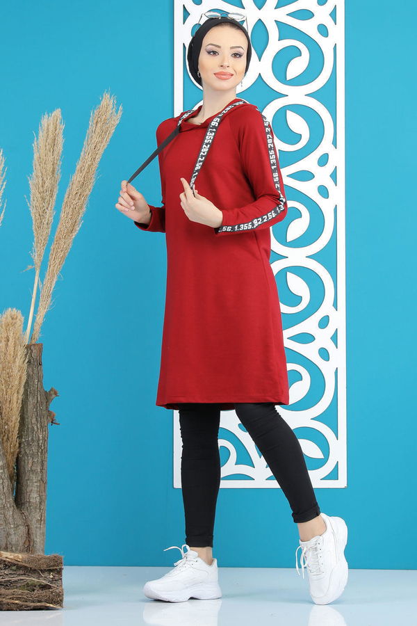 Düz Orta Kadın Bordo Şeritli Kapşonlu Tunik Siyah  - 7854 BORDO