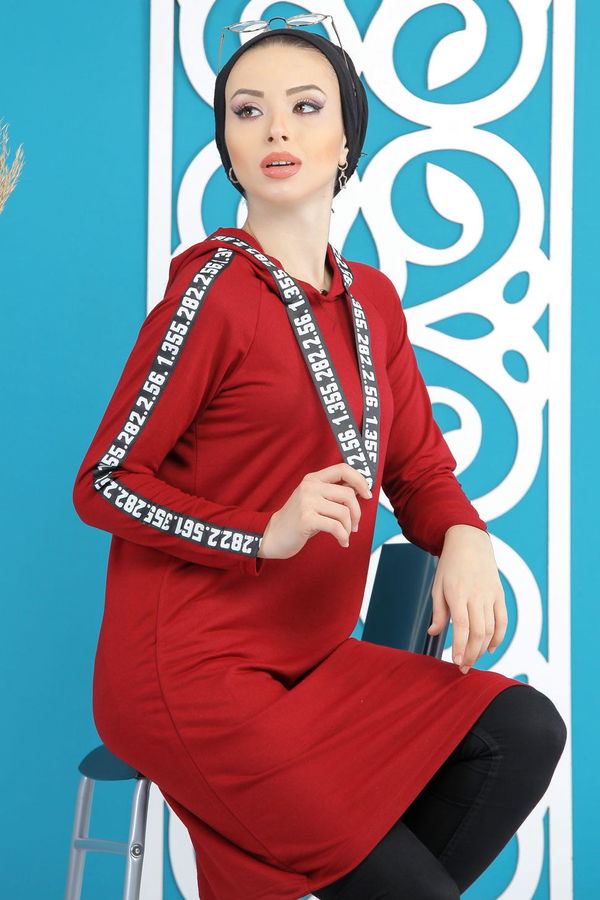 Düz Orta Kadın Bordo Şeritli Kapşonlu Tunik Siyah  - 7854 BORDO