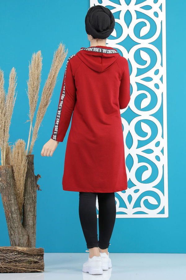 Düz Orta Kadın Bordo Şeritli Kapşonlu Tunik Siyah  - 7854 BORDO