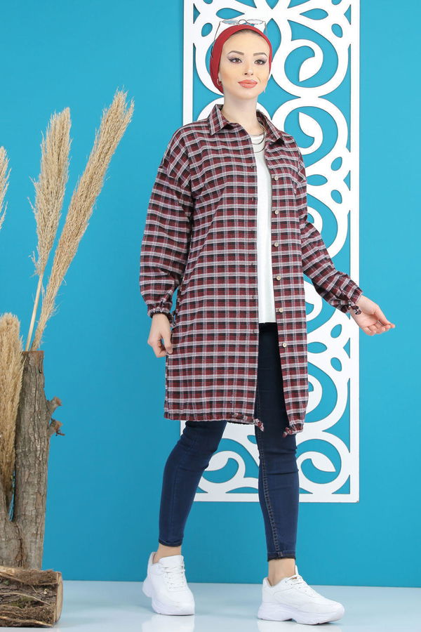 Düz Orta Kadın Bordo Ekose Tunik Haki  - 7852 BORDO