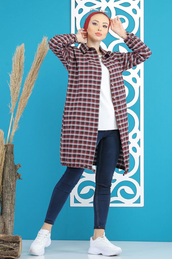 Düz Orta Kadın Bordo Ekose Tunik Haki  - 7852 BORDO