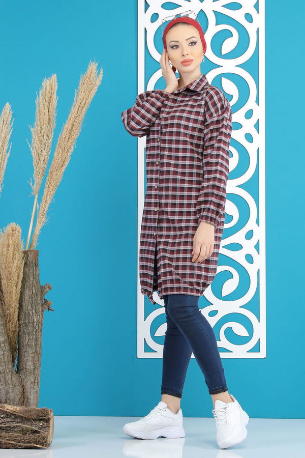 Düz Orta Kadın Bordo Ekose Tunik Haki  - 7852 BORDO