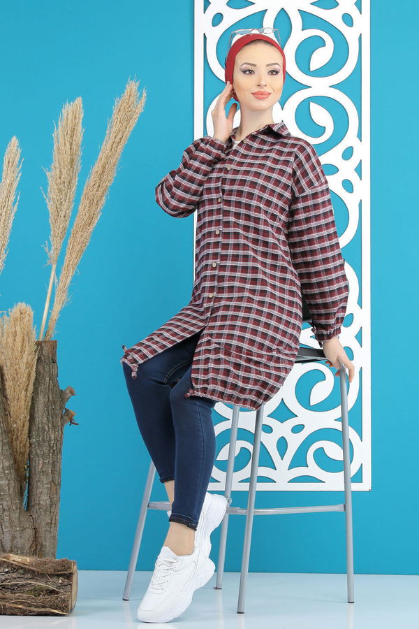 Düz Orta Kadın Bordo Ekose Tunik Haki  - 7852 BORDO